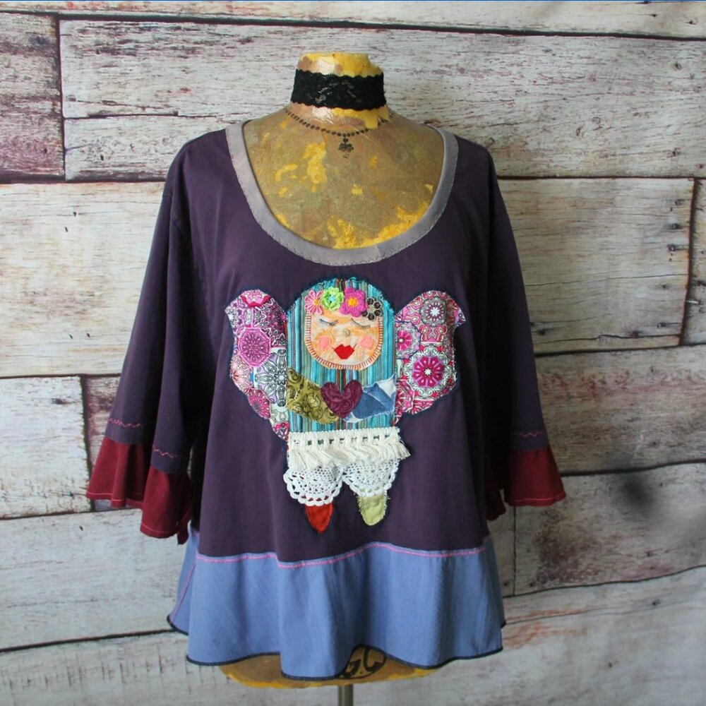 UPCYCLED Whimsical Art To Wear Hand-Sewn Angel Doll Applique Boho TOP Sz. XL